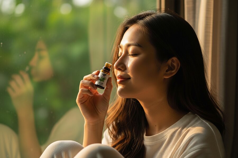 Người phụ nữ thư giãn hít hương tinh dầu thiên nhiên