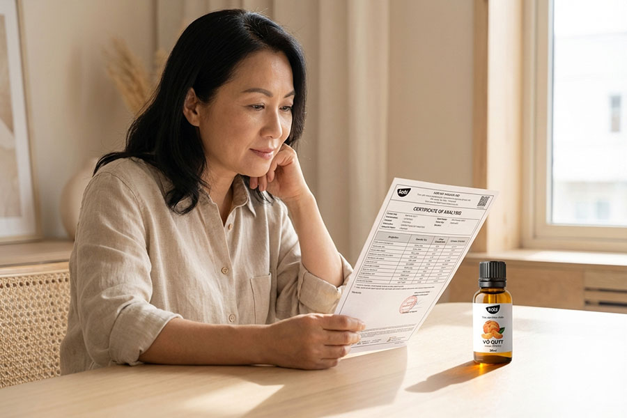 Người mua xem COA tinh dầu để xác nhận chất lượng và lô sản phẩm