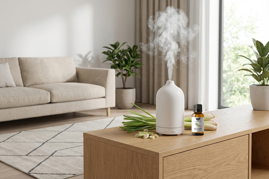 Máy khuếch tán giúp tinh dầu sả chanh khử mùi lan tỏa trong phòng.