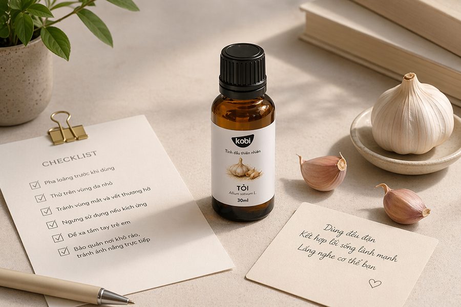 Tinh dầu tỏi cùng thẻ checklist gợi nhắc cách hiểu đúng về công dụng