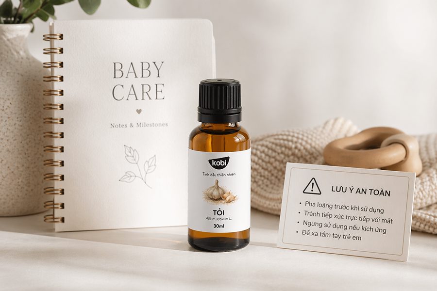 Tinh dầu tỏi cho bé với thẻ ghi chú nhấn mạnh lưu ý khi dùng cho bé