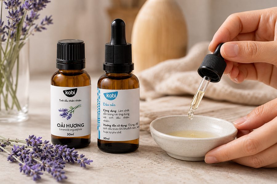 Pha loãng tinh dầu oải hương với dầu nền trước khi dùng trên da