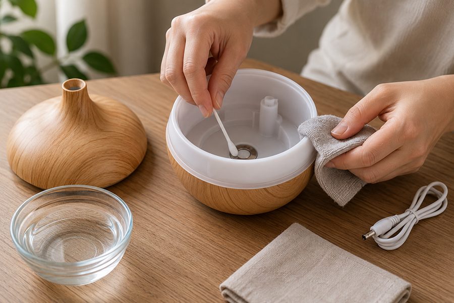 cách vệ sinh máy xông tinh dầu ở khay nước và đĩa siêu âm