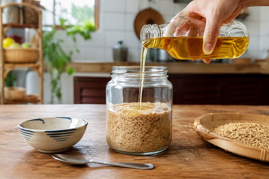 Đổ dầu nền vào lọ thủy tinh chứa cám gạo khô